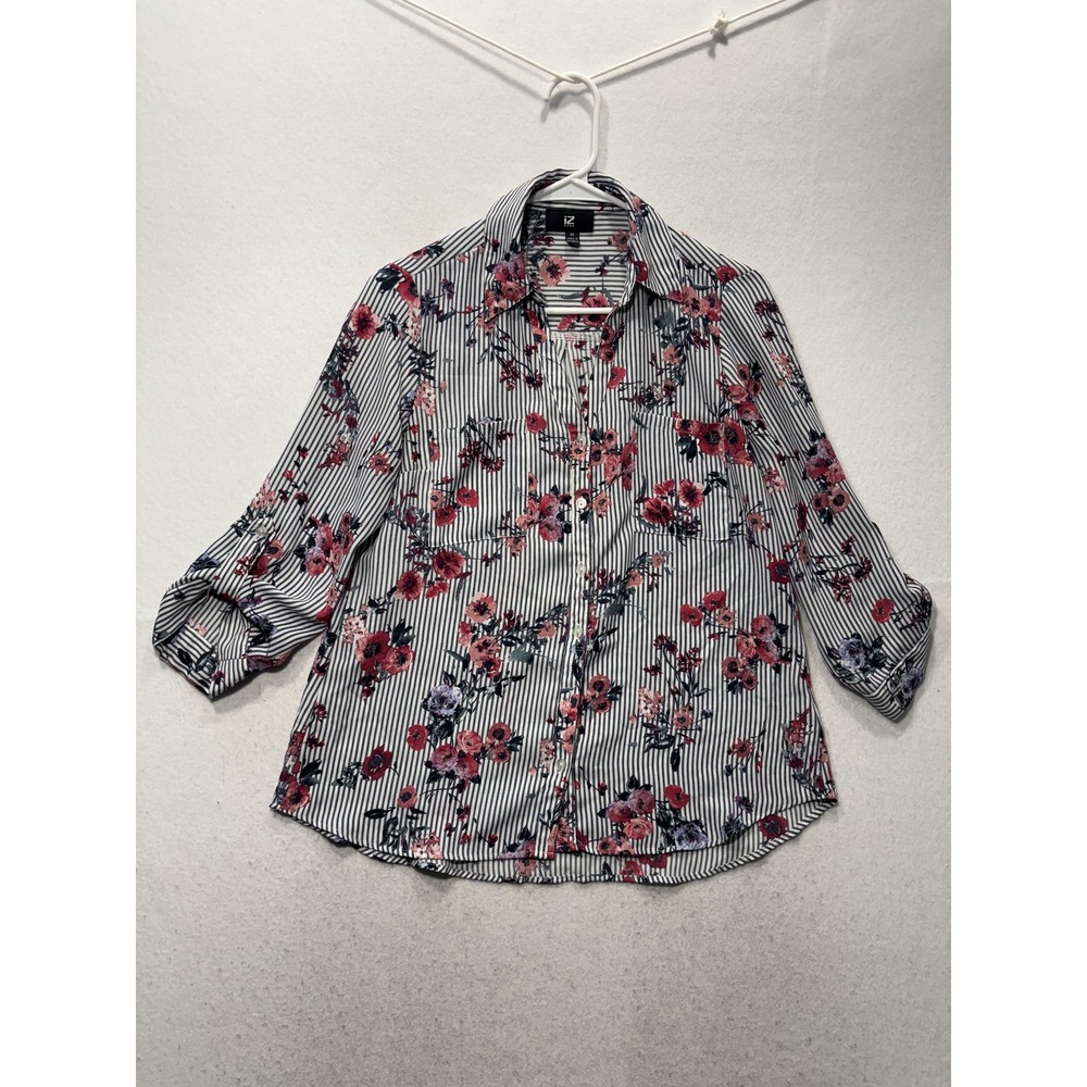 Iz Byer Blouse Juniors Medium Multicolor Floral Stripe Collared 3/4 Sleeve